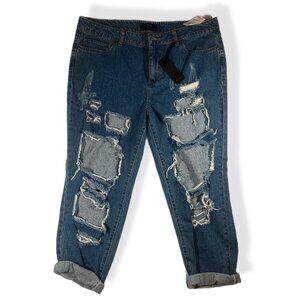 Forever 21 Womens Distressed Boyfriend Jeans Size 31 Rolled Cuffs Medium Wash